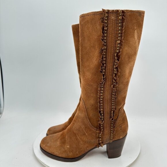 Frye Women Size 6M Rust Brown Bella Flower Suede Pull On Heel Pump Boot - Picture 1 of 13